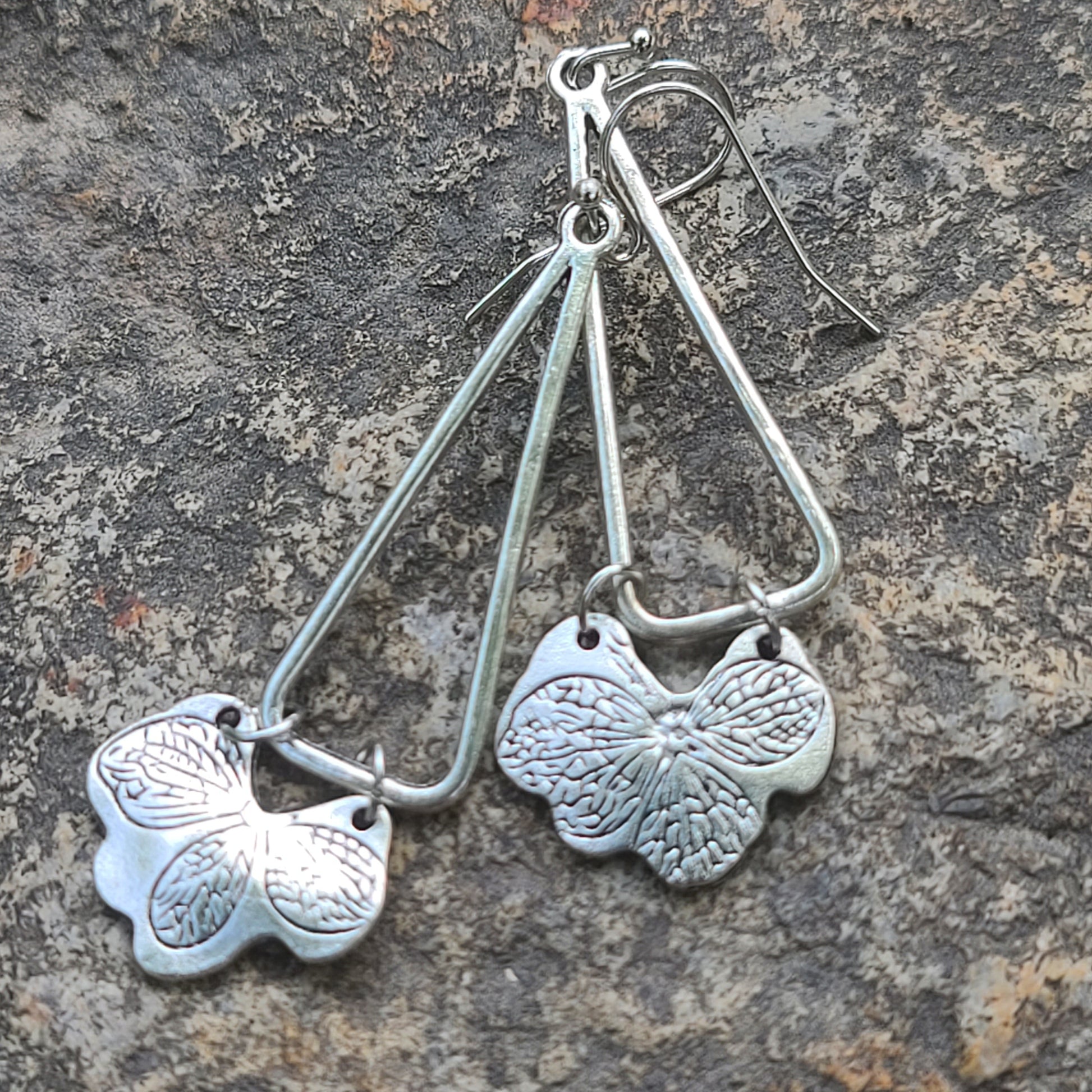 Butterfly Charm Geometric Drop Earrings – Silver-Tone Triangle Frame Dangles