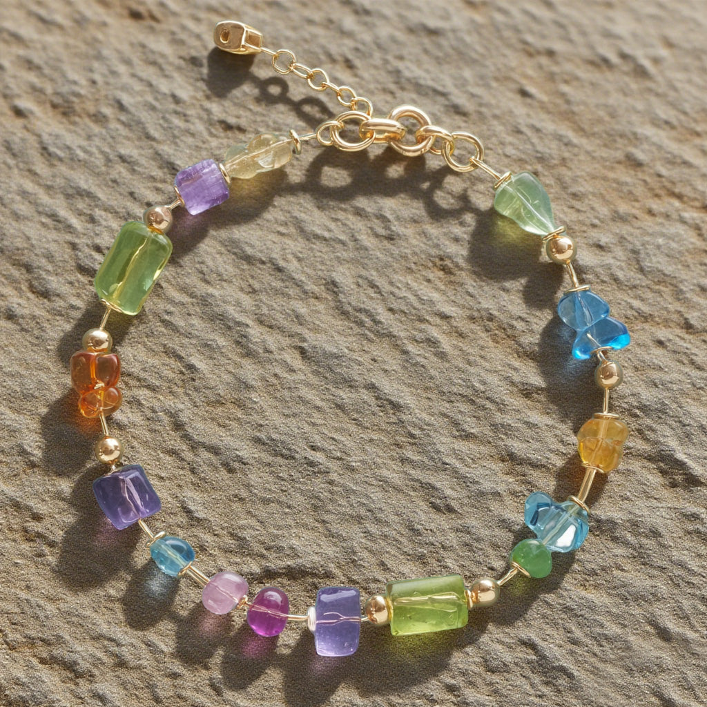 Rainbow Gemstone Beaded Bracelet – Multicolor Natural Stones with Gold Accents, Adjustable Chain