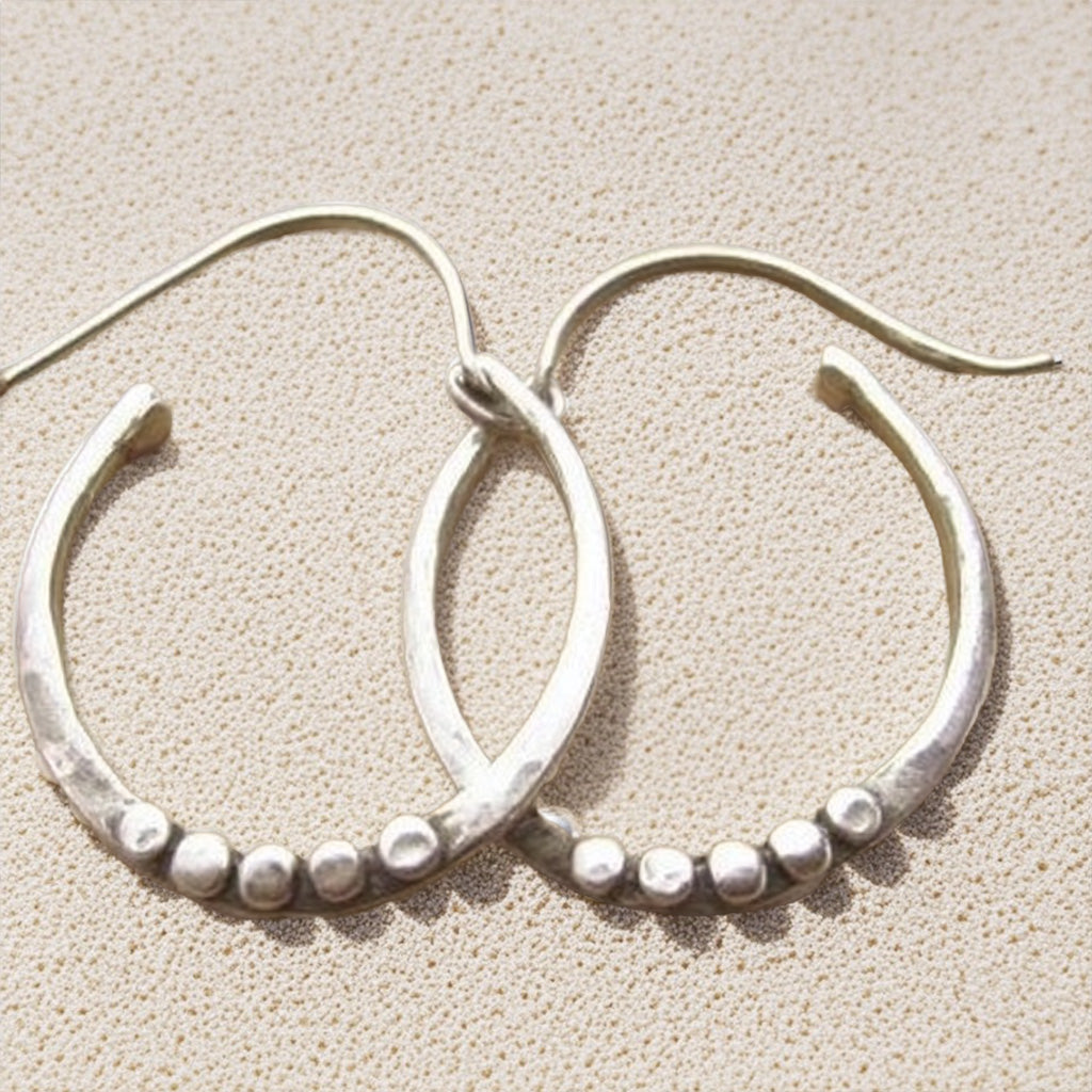 Minimalist  Silver Drop Earrings – Handcrafted Organic Oval Hoops with Dot Detail