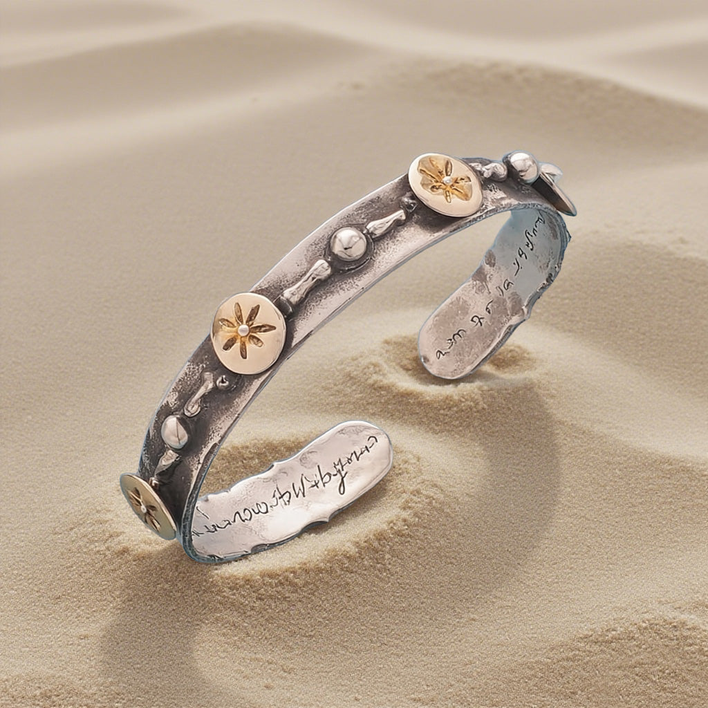 Handcrafted Mixed Metal Cuff Bracelet – Rustic Silver Bangle with Gold Accents and Inspirational Engraving