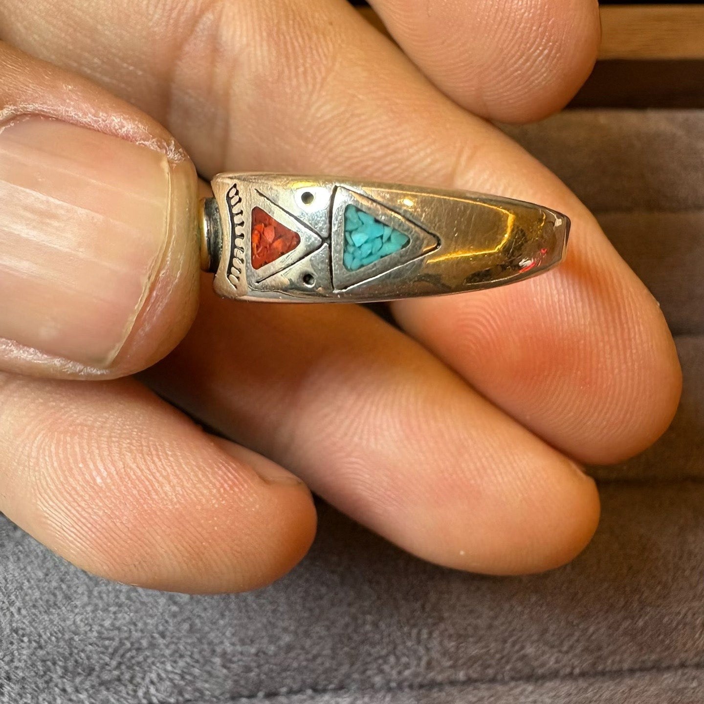Southwestern Inlay Turquoise & Coral Sterling Silver Ring