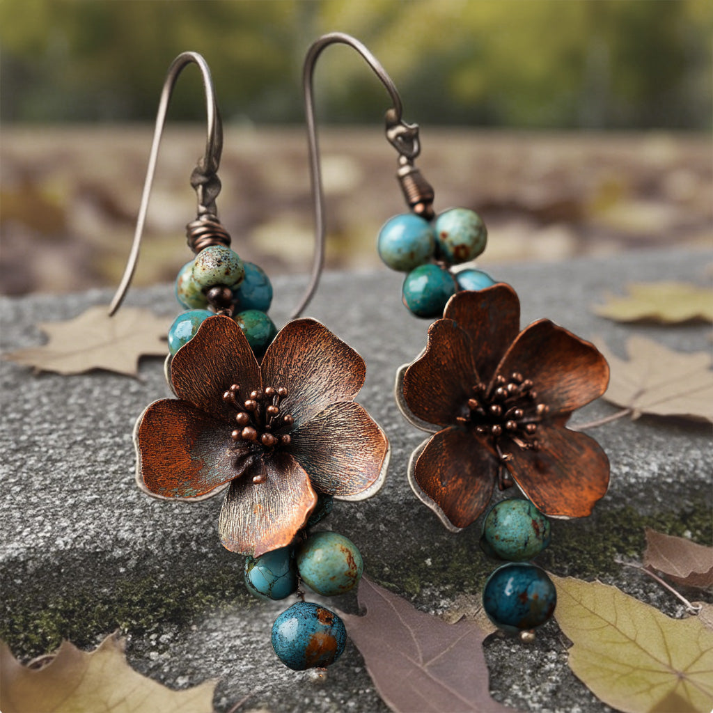 Rustic Copper Flower Earrings with Turquoise Bead Accents