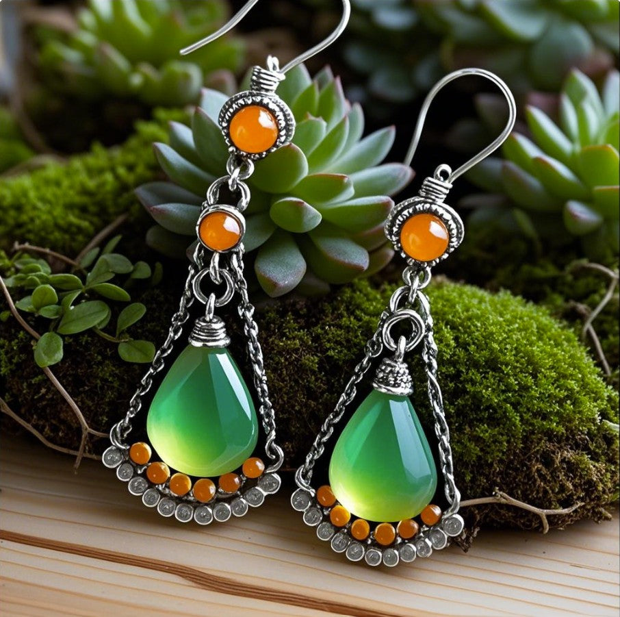 Elegant Silver Teardrop Earrings with Green and Orange Accents