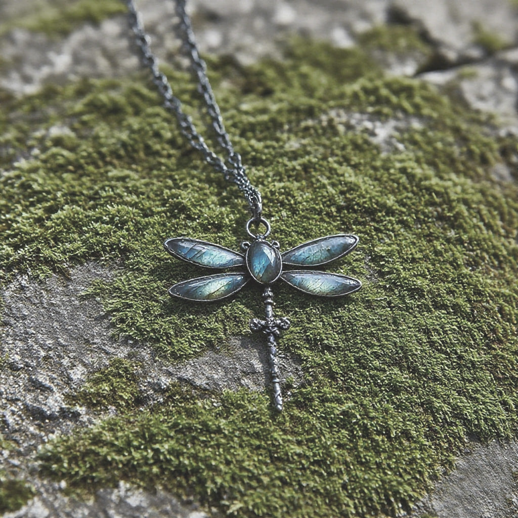 Luminous Dragonfly Pendant Necklace – Handmade Blue Iridescent Wings with Sword Detail, Gothic Nature-Inspired Jewelry