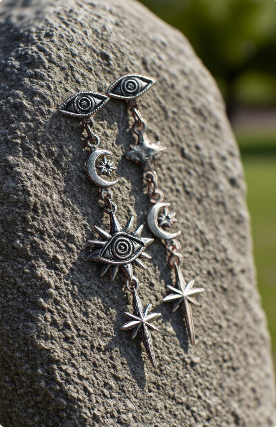 Celestial Eye Drop Earrings – Moon, Star & Eye Dangle Earrings in Antique Silver