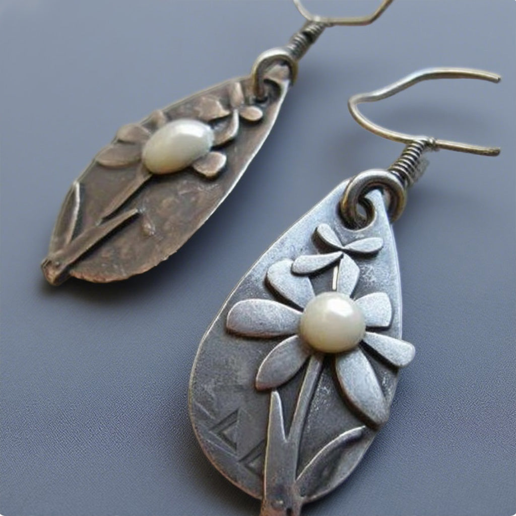 Vintage Floral Drop Earrings with Pearl Center – Handcrafted Antique Silver Look