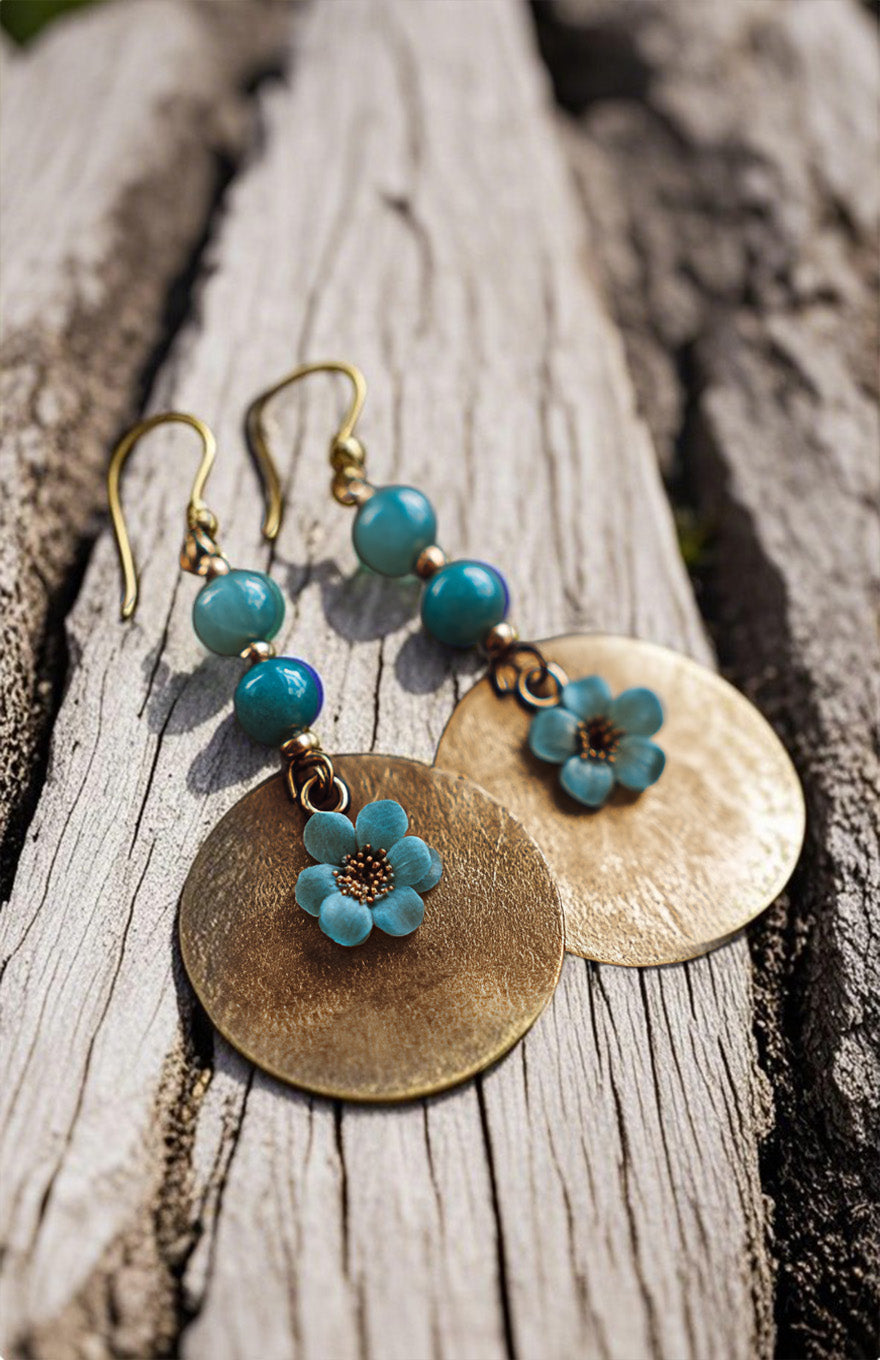Golden Disc Dangle Earrings with Blue Beads and Flower Charm