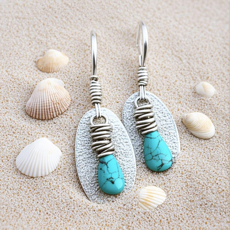 Handmade Turquoise Drop Earrings – Rustic Oval Dangle Earrings with Wrapped Wire Detai