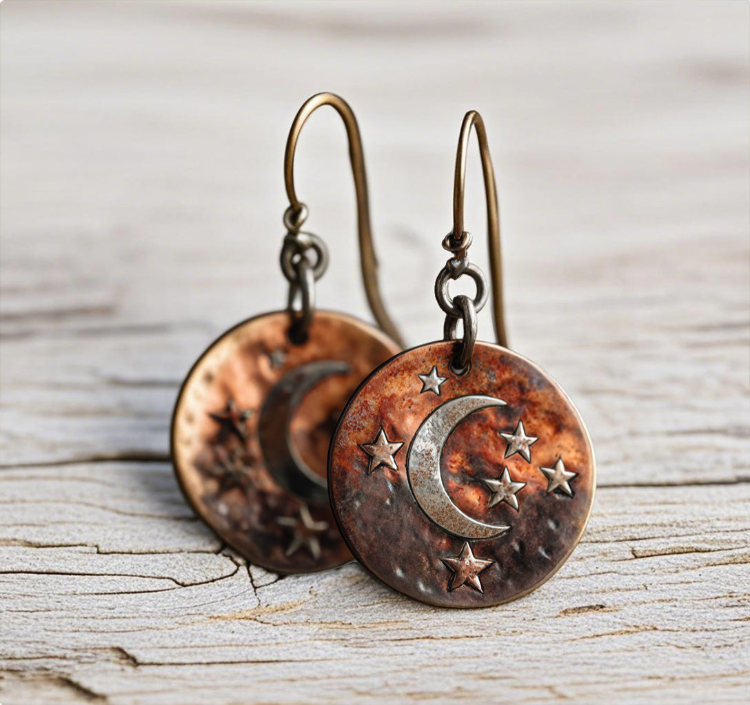 Vintage Copper Crescent Moon and Stars Earrings
