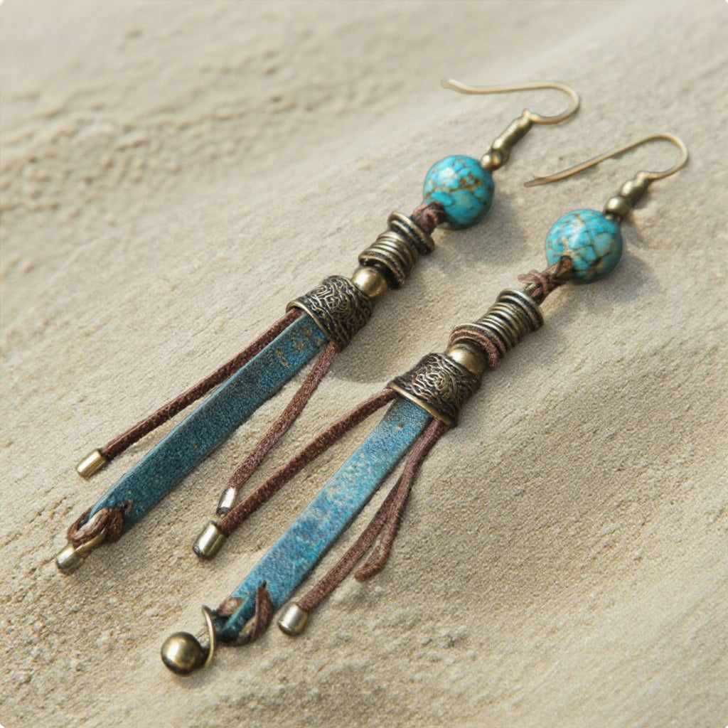 Bohemian Turquoise Leather Tassel Earrings