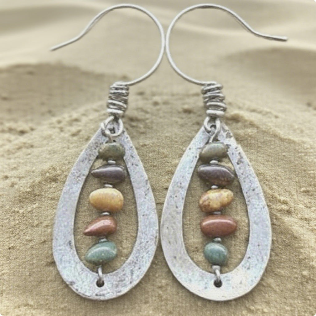 Boho Teardrop Metal Earrings with Multicolor Stone Beads
