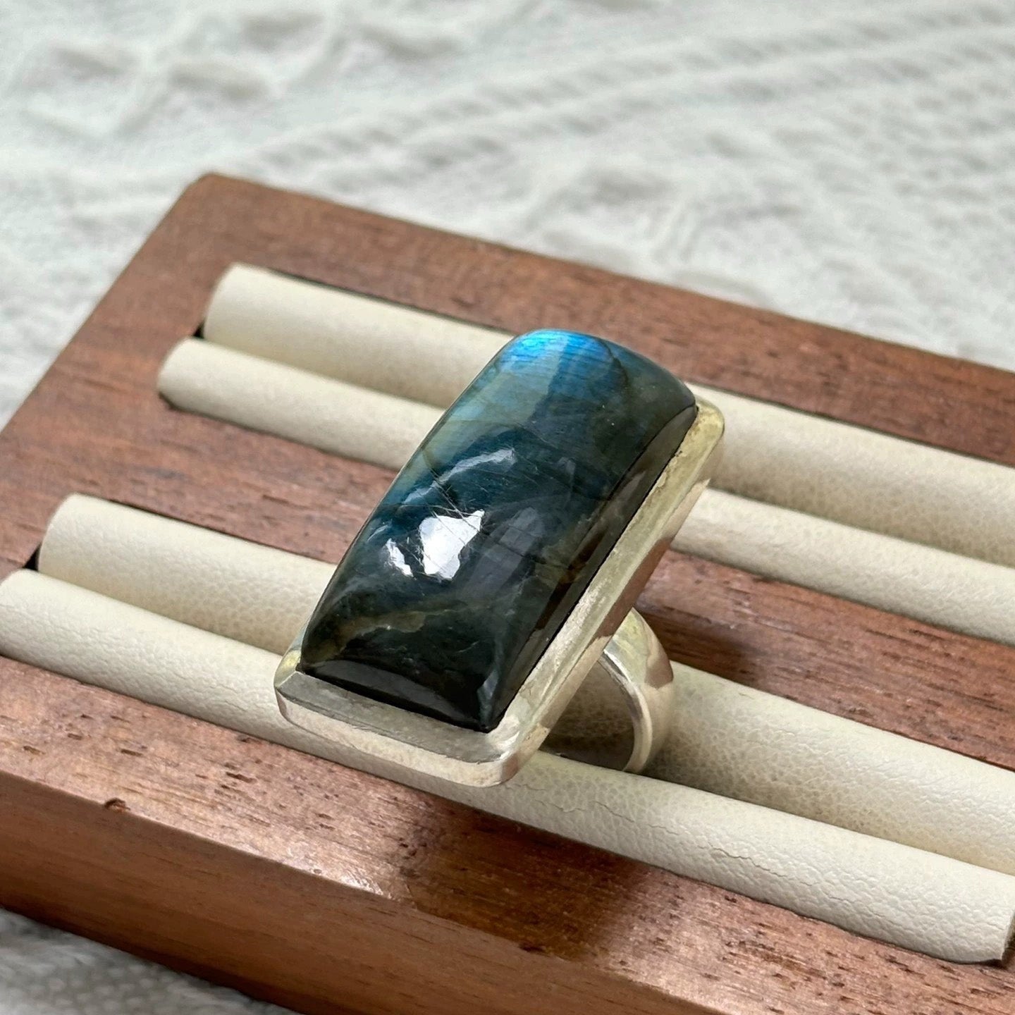Elegant Labradorite Sterling Silver Ring with Bold Rectangular Cut