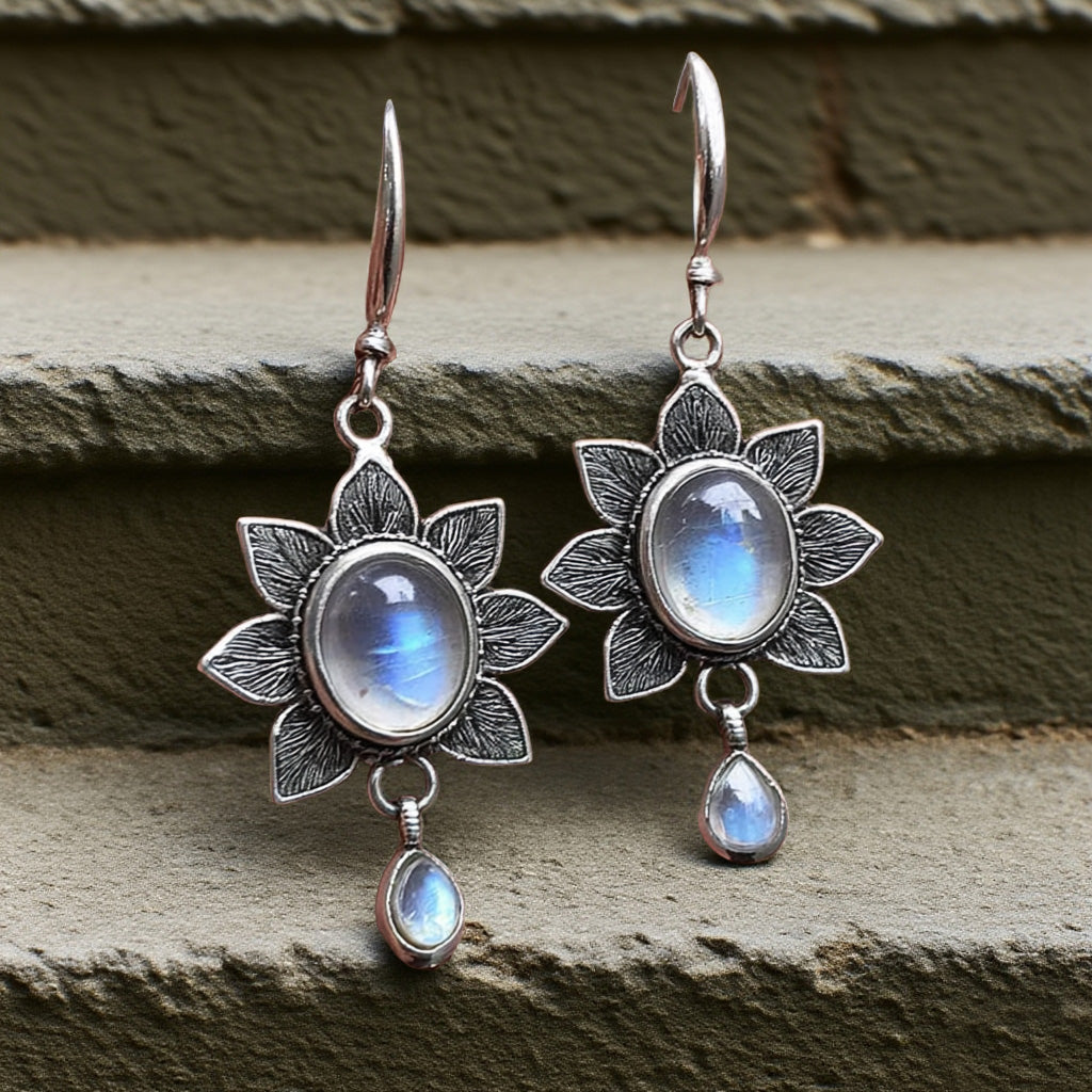 Vintage Moonstone Flower Drop Earrings – Boho Floral Dangle Jewelry