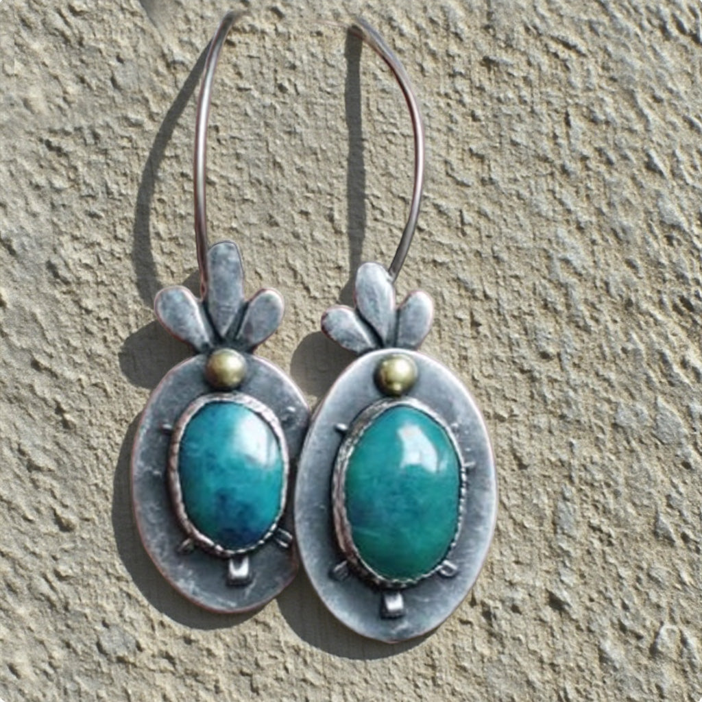 Rustic Oval Earrings with Turquoise Gemstones and Leaf Motif