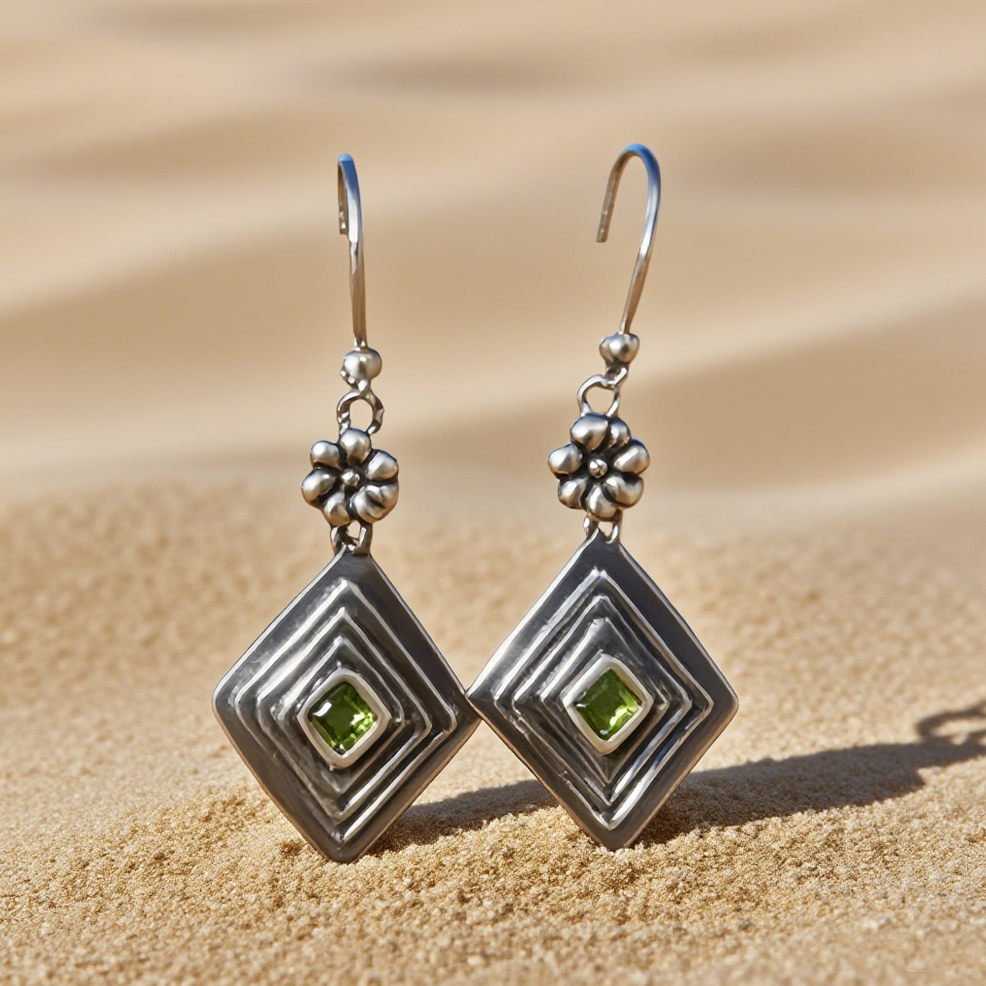 Elegant Silver Peridot Drop Earrings with Floral Design