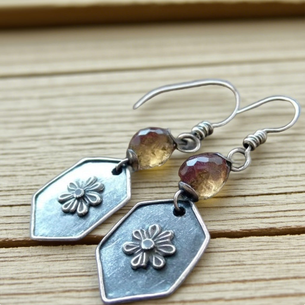 Vintage Daisy Shield Earrings – Hexagon Floral Drops with Faceted Crystal Beads