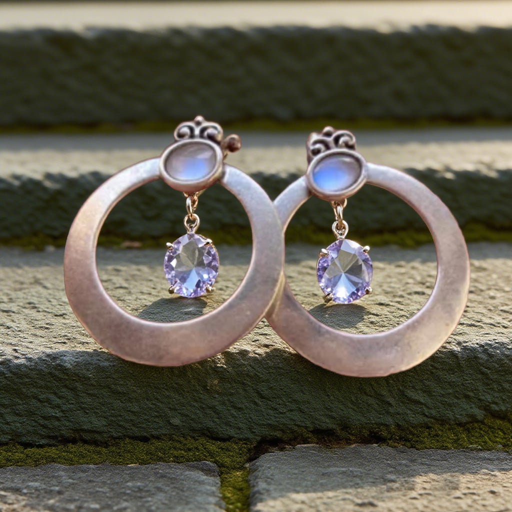 Moonstone & Lavender Gemstone Circle Earrings – Vintage Boho Dangle Design