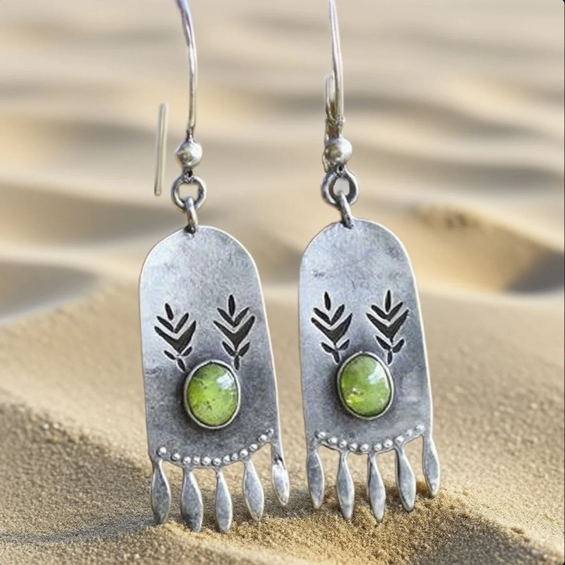 Tribal-Inspired Silver Dangle Earrings with Green Stone and Leaf Etching
