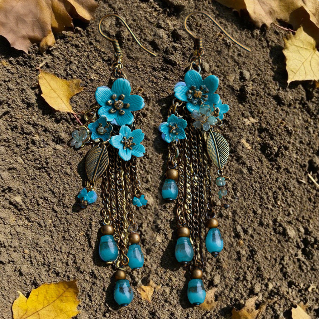 Bohemian Blue Floral Tassel Earrings