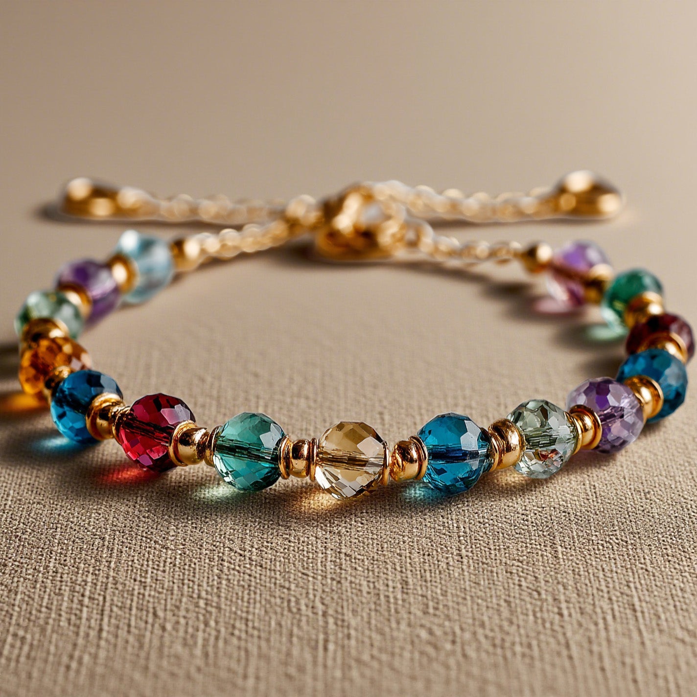 Multicolor Crystal Beaded Bracelet – Adjustable Gold-Tone Boho Chic Jewelry