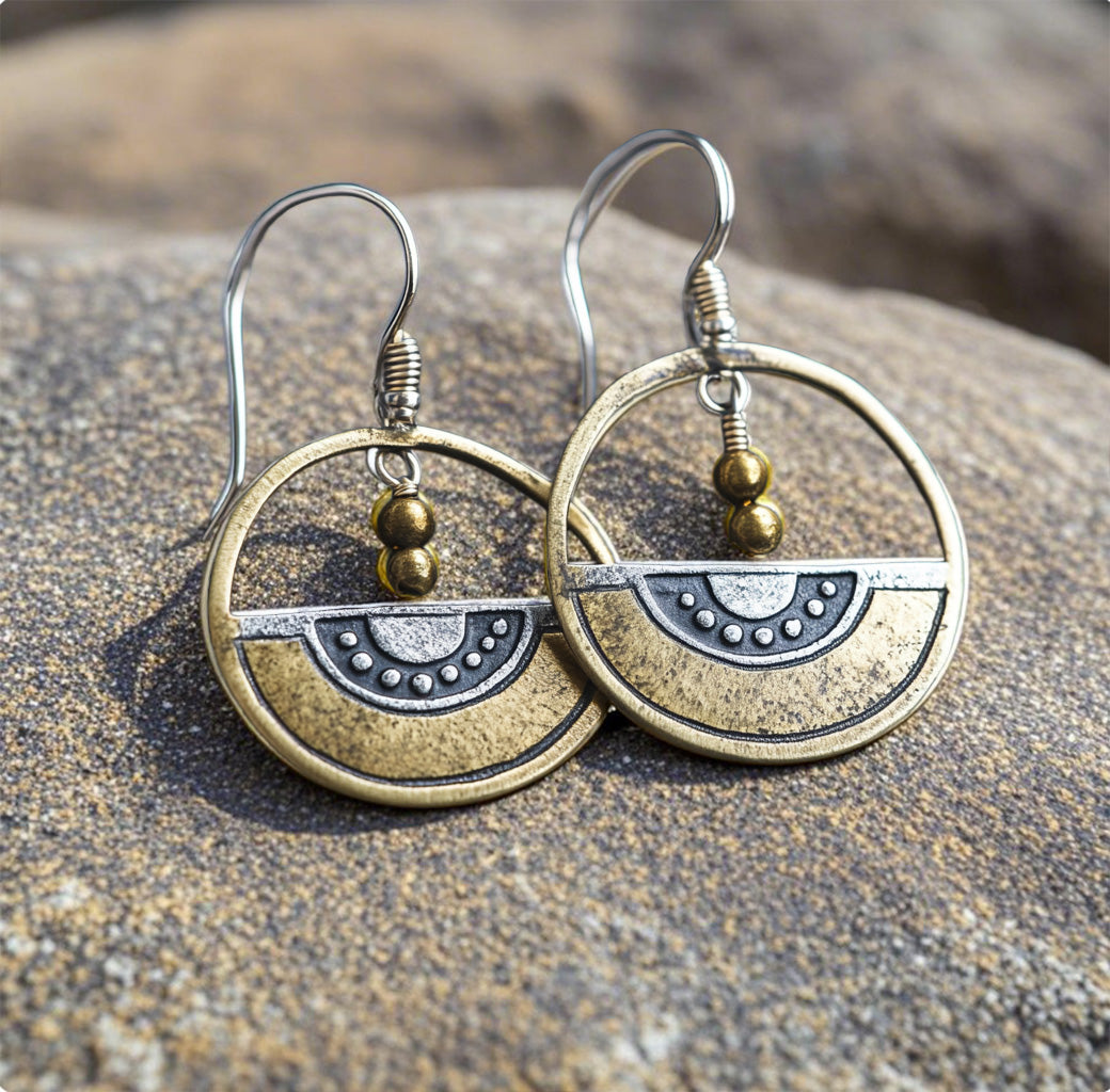 Boho Tribal Circle Earrings – Mixed Metal Geometric Dangle Earrings with Brass Beads