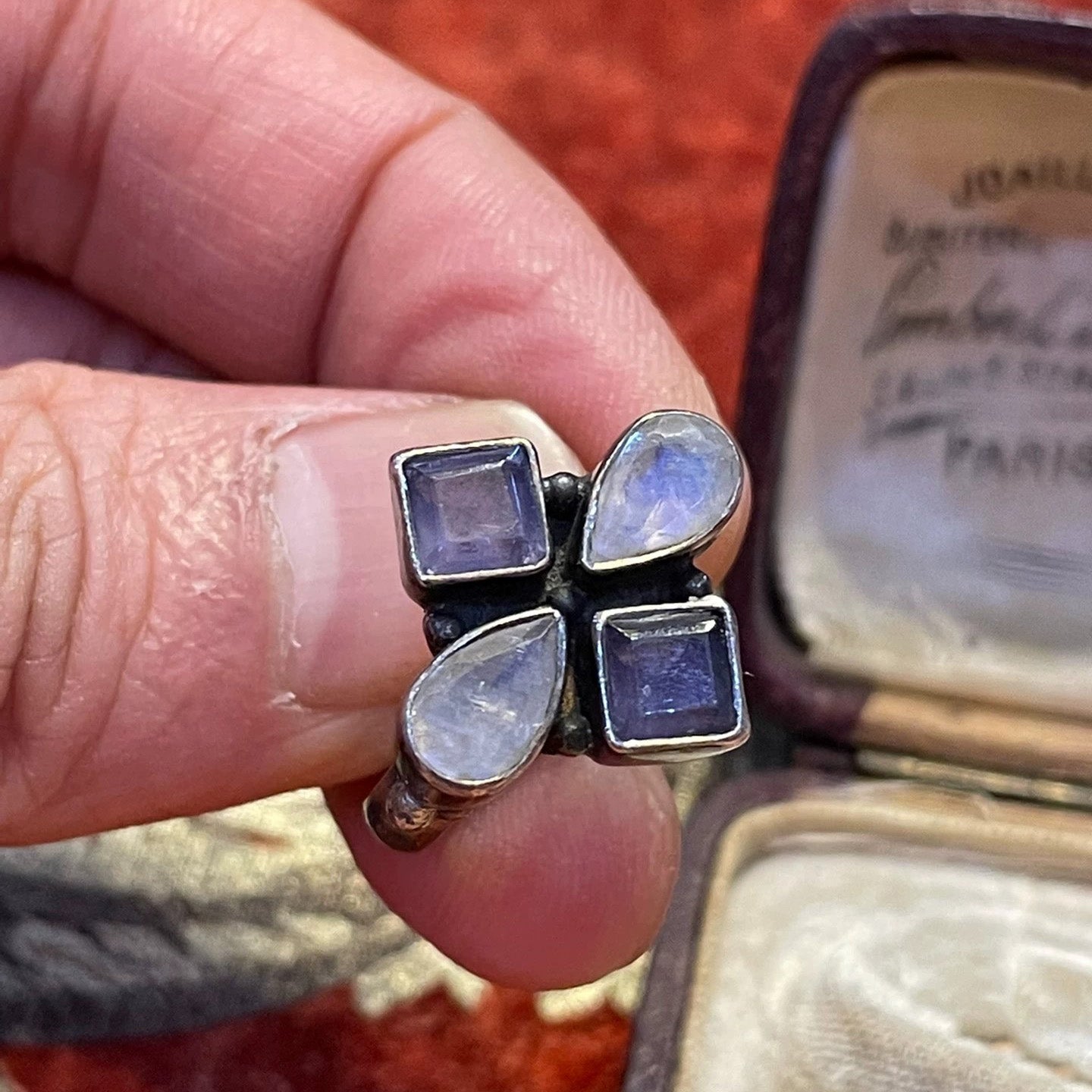 Vintage Moonstone & Amethyst Floral Ring – Sterling Silver Gothic Revival Statement Jewelry