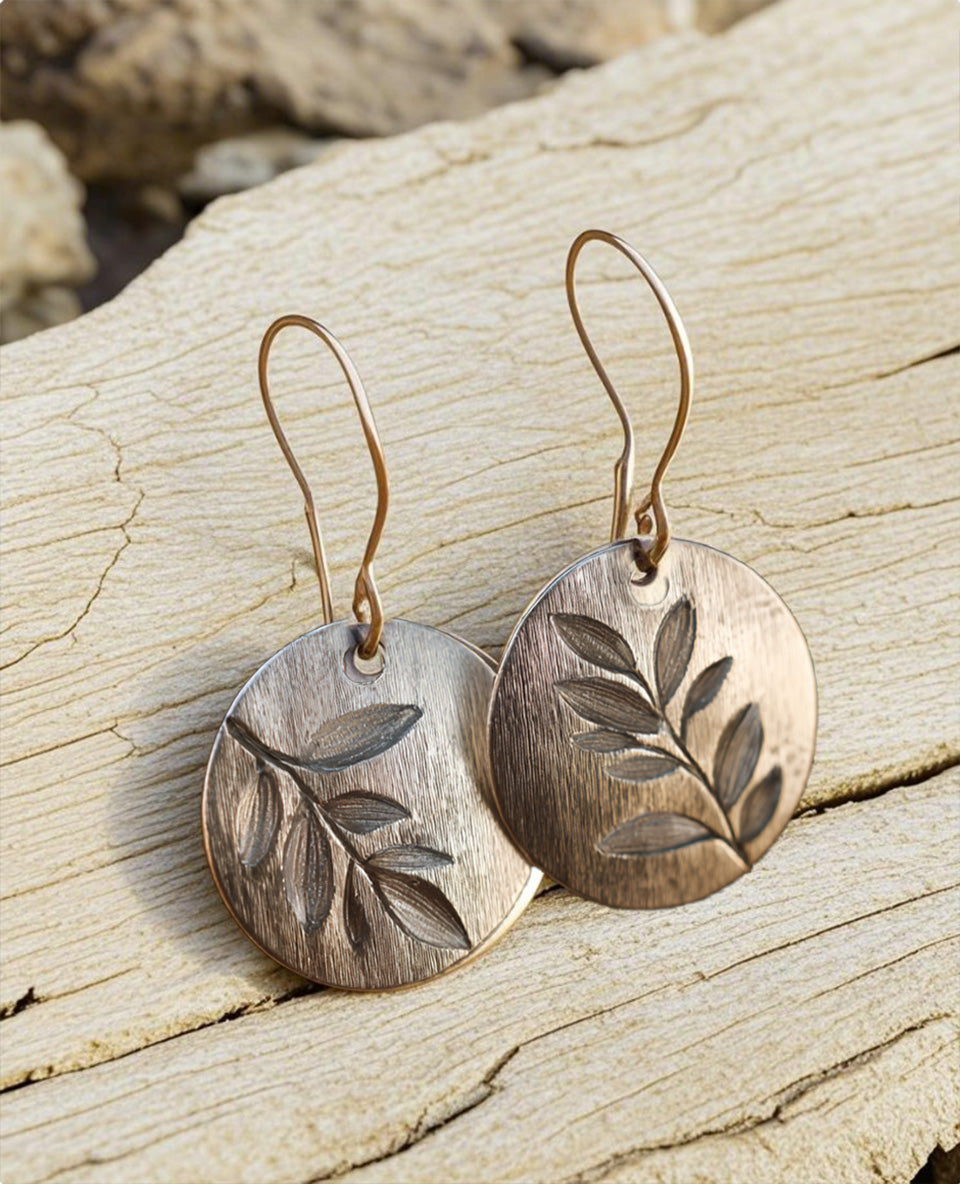 Botanical Etched Disc Earrings – Handcrafted Silver-Tone Leaf Medallion Dangles