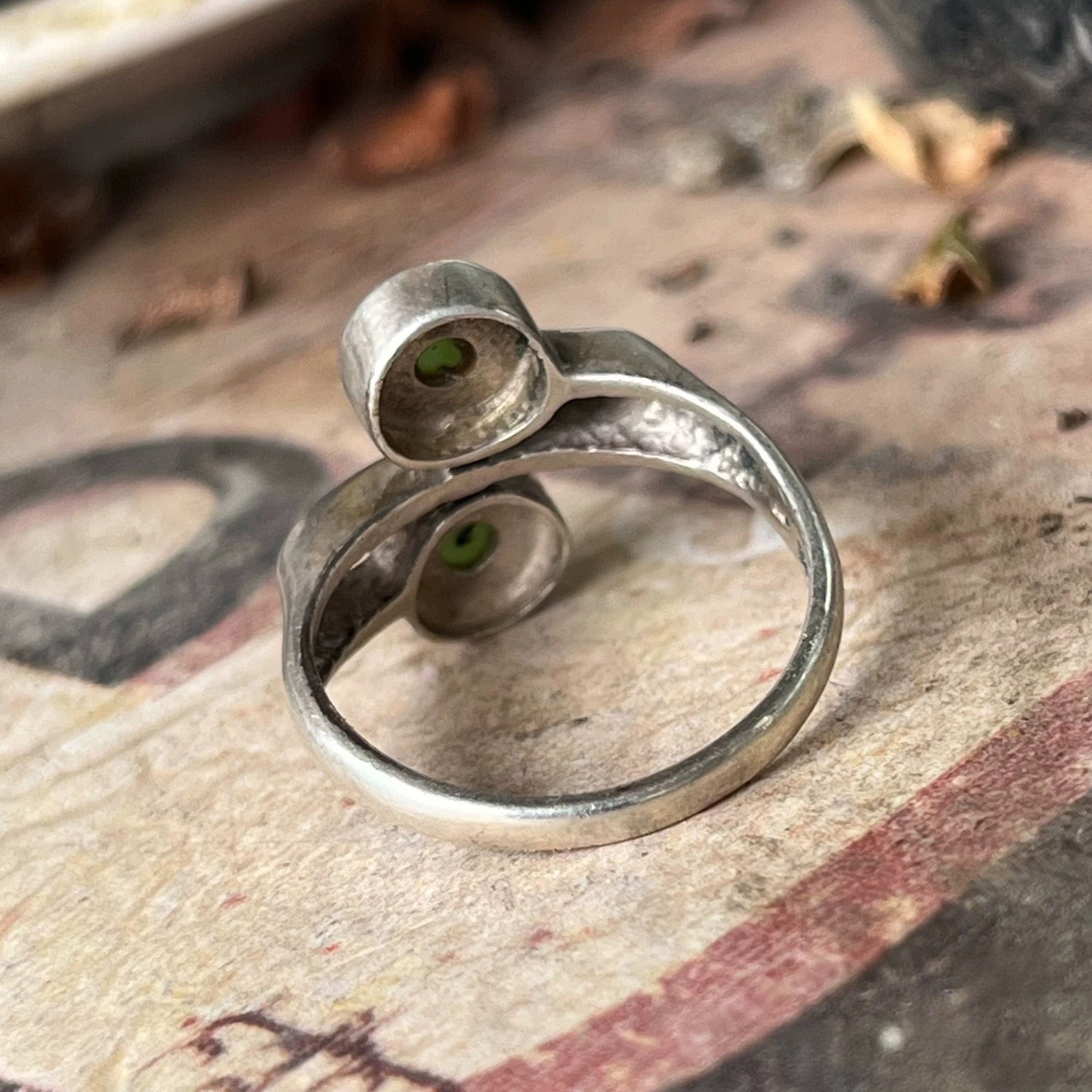 Sterling Silver Open Ring with Dual Green Stones – Minimalist Yin Yang Inspired Adjustable Jewelry