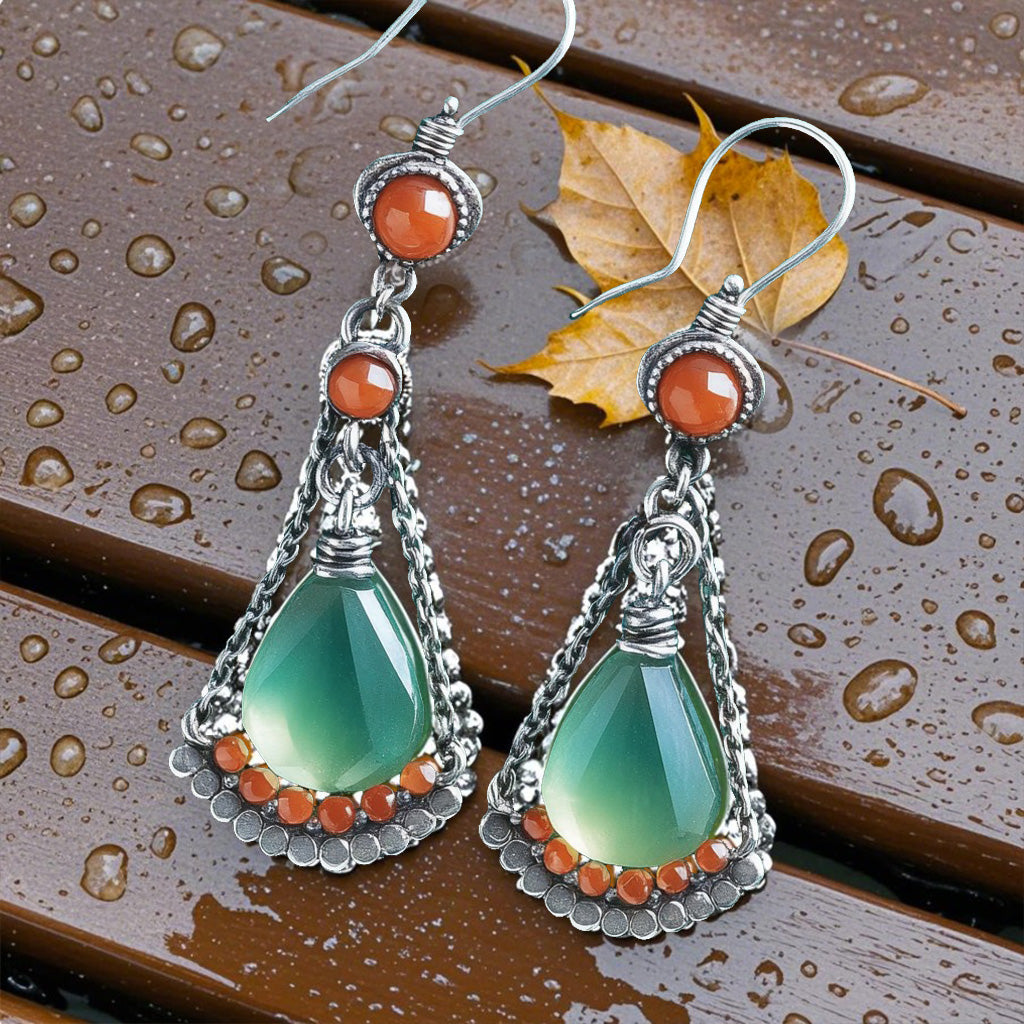 Vintage Teardrop Dangle Earrings – Green Crystal & Orange Bead Boho Earrings for Women