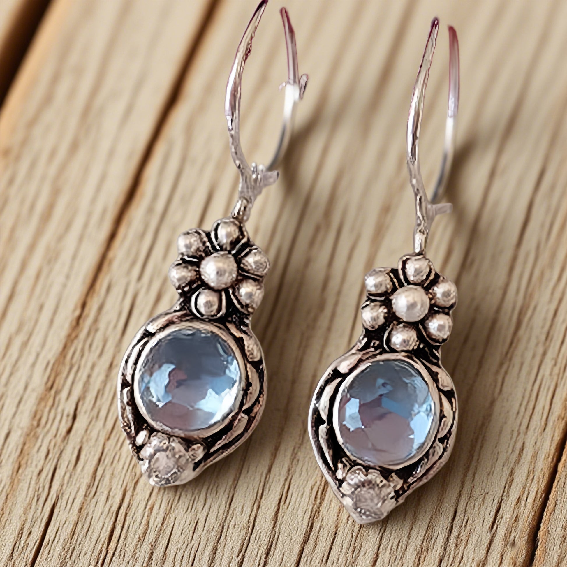 Vintage Floral Drop Earrings with Blue Gemstones – Sterling Silver Ocean-Inspired Victorian Jewelry