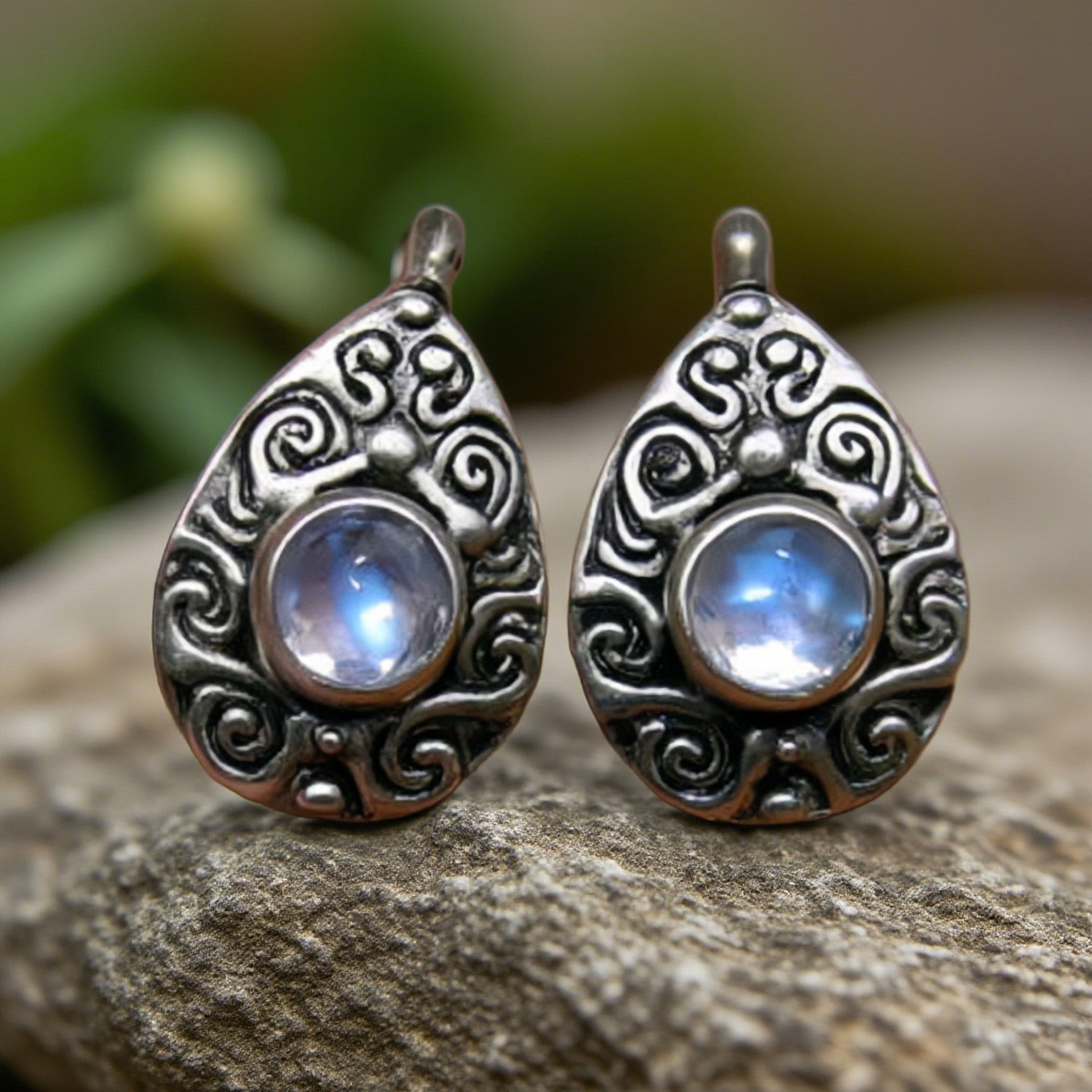 Moonstone Teardrop Earrings – Vintage Boho Sterling Silver Swirl Design Goddess Jewelry