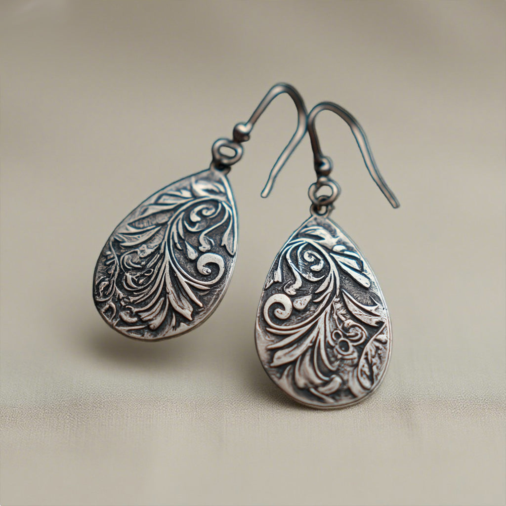 Vintage Teardrop Earrings – Antique Floral Engraved Dangle Design