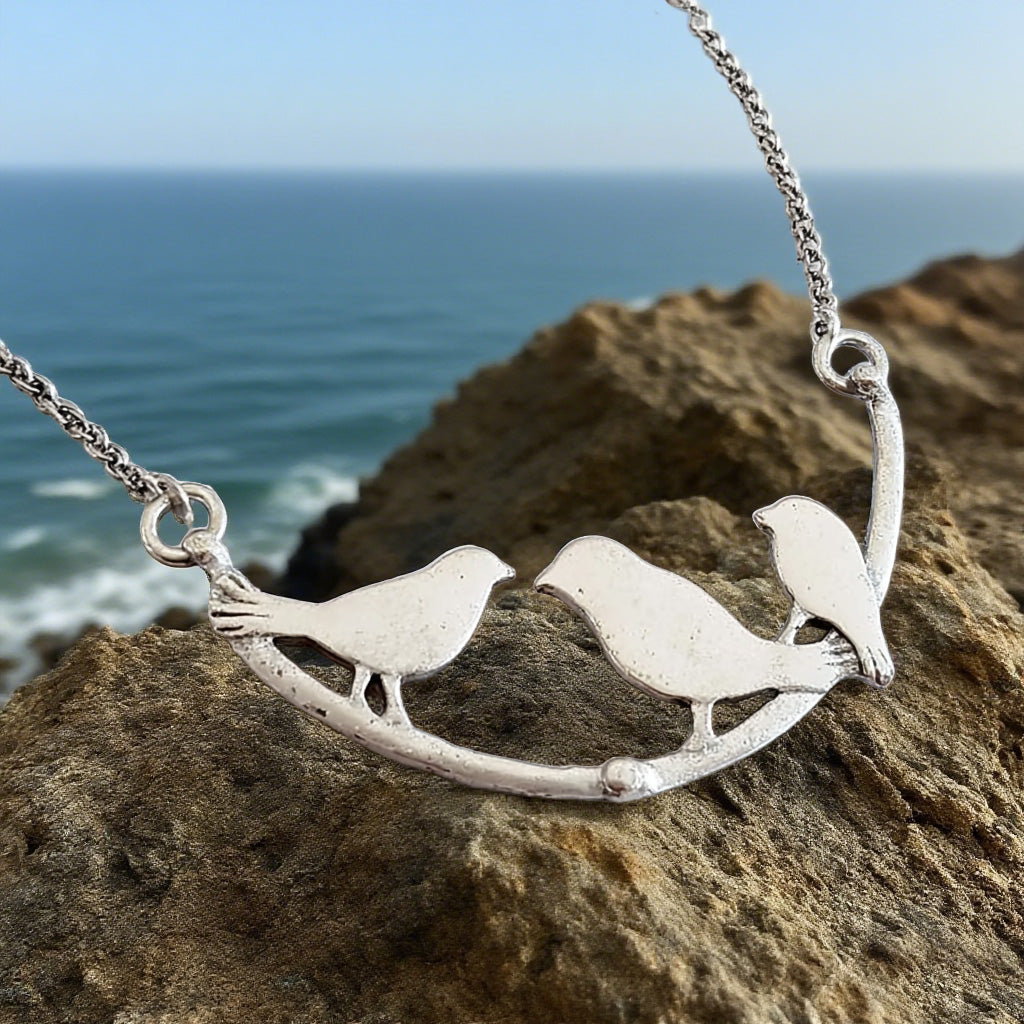 Sterling Silver Birds on Branch Necklace – Family-Inspired Nature Pendant Jewelry for Women & Girls