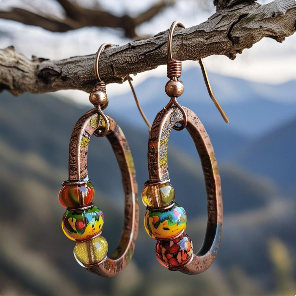 Handcrafted Boho Hoop Earrings – Rustic Copper with Colorful Art Glass Beads