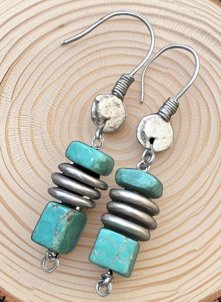 Rustic Turquoise & Metal Spacer Earrings – Handmade Boho Tribal Drop Jewelry