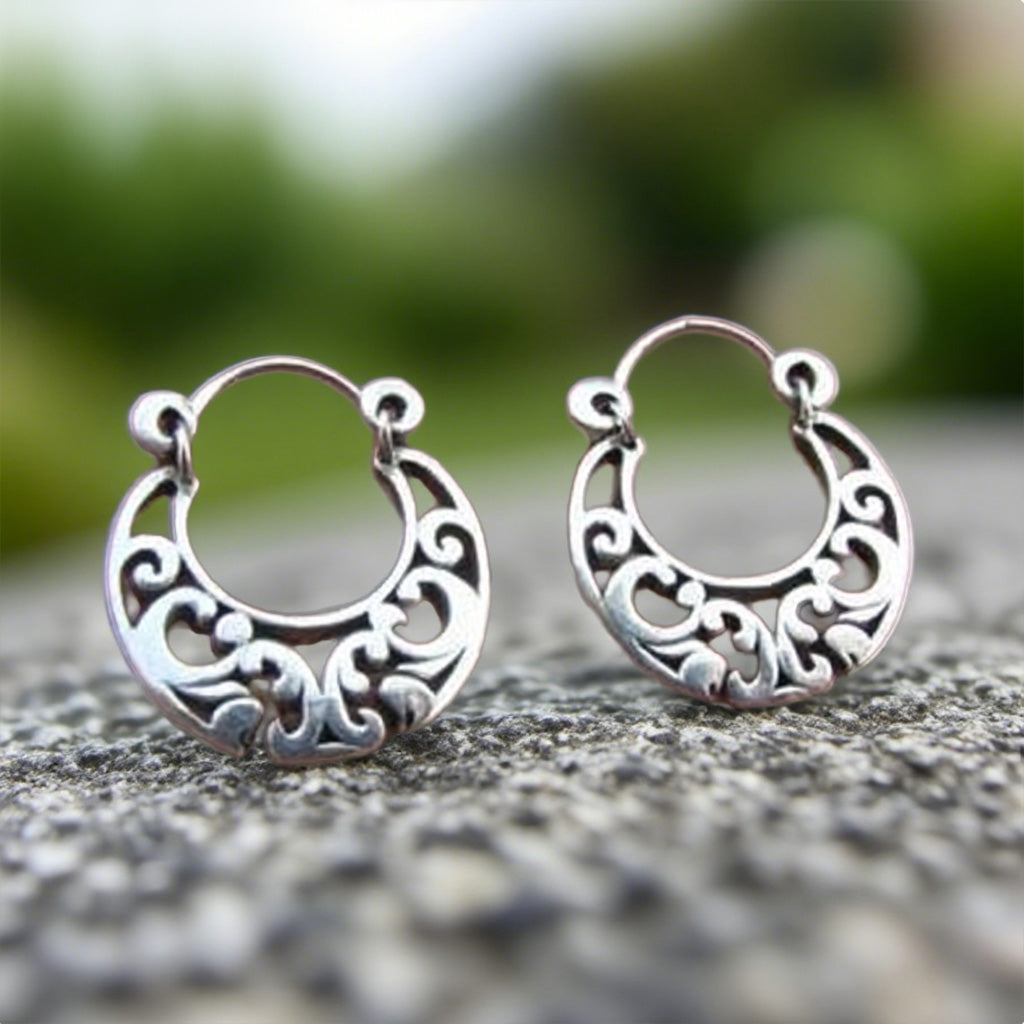 Boho Filigree Hoop Earrings – Vintage Silver Cutout Crescent Design