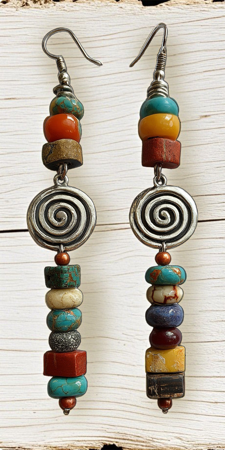 Bohemian Tribal Spiral Earrings – Colorful Stacked Beads & Antique Silver Swirl Design