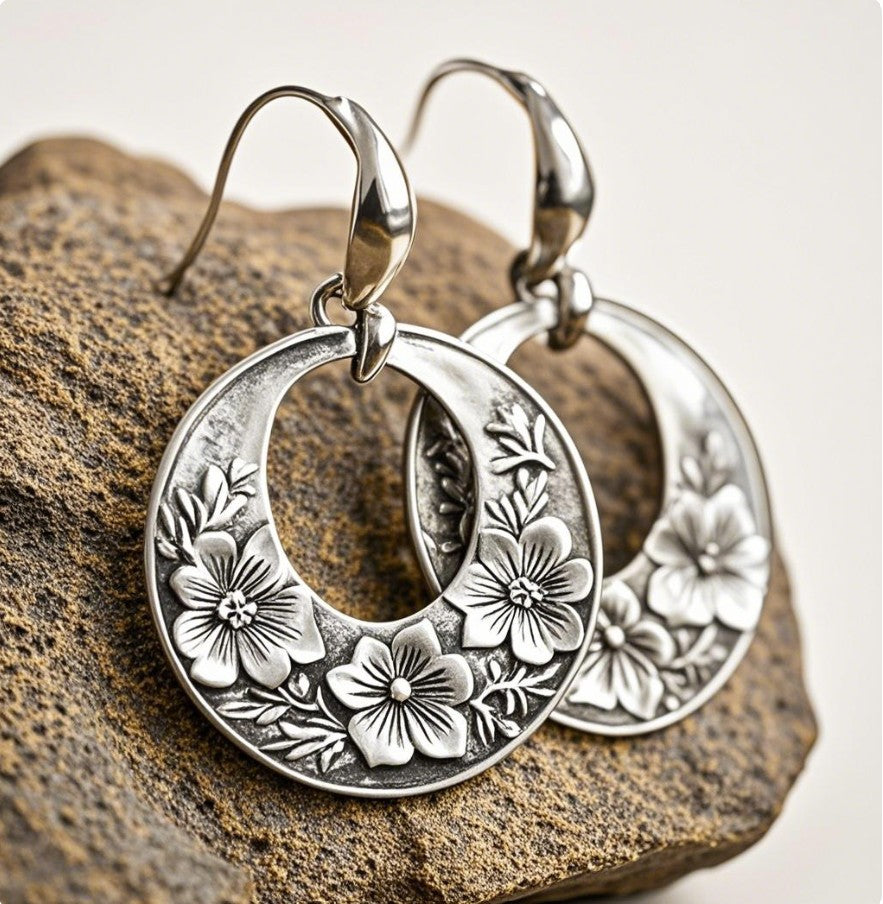 Floral Engraved Silver Crescent Hoop Earrings