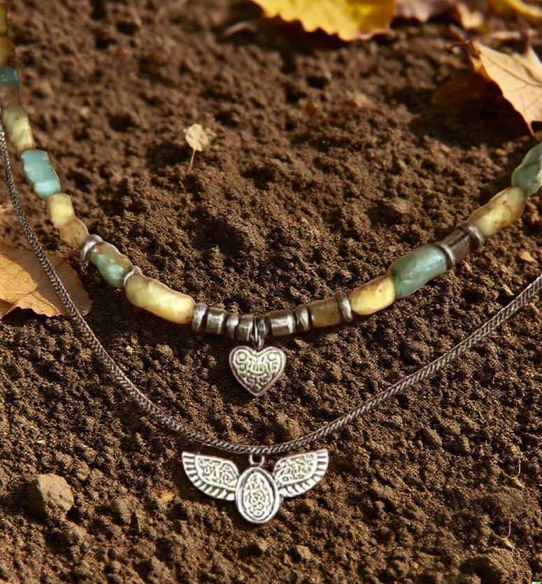 Bohemian Double Layer Tribal Necklace – Natural Stone Beads with Antique Heart & Winged Charm Pendants