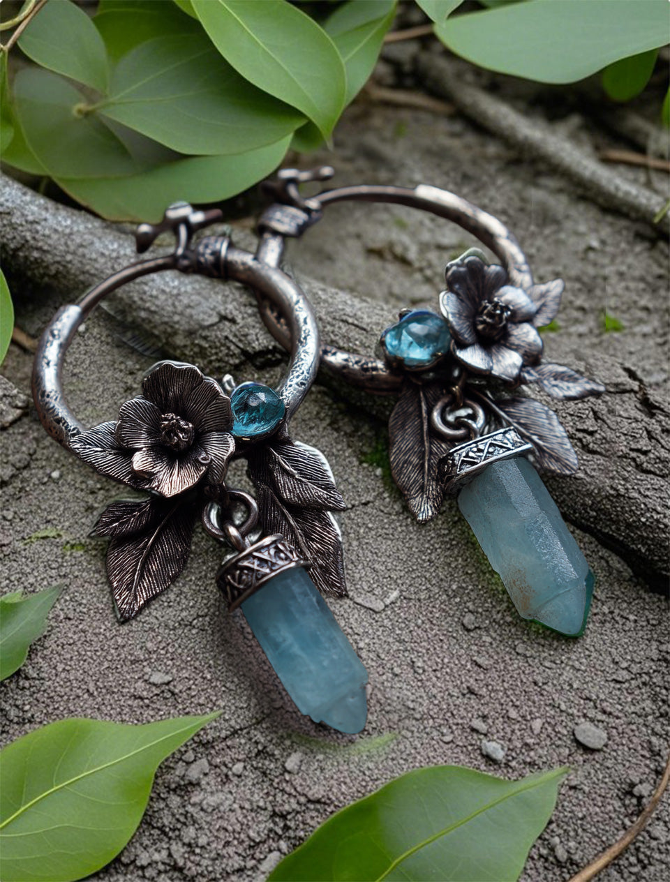 Vintage Floral Crystal Dangle Earrings – Antique Silver Hoop Earrings with Blue Quartz Point and Leaf Detail