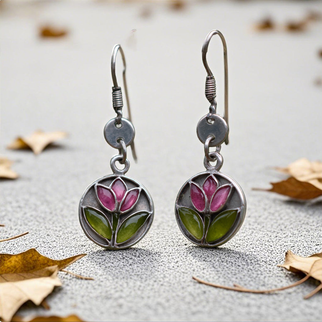 Stained Glass Flower Earrings – Pink & Green Enamel Floral Dangles in Silver Frame