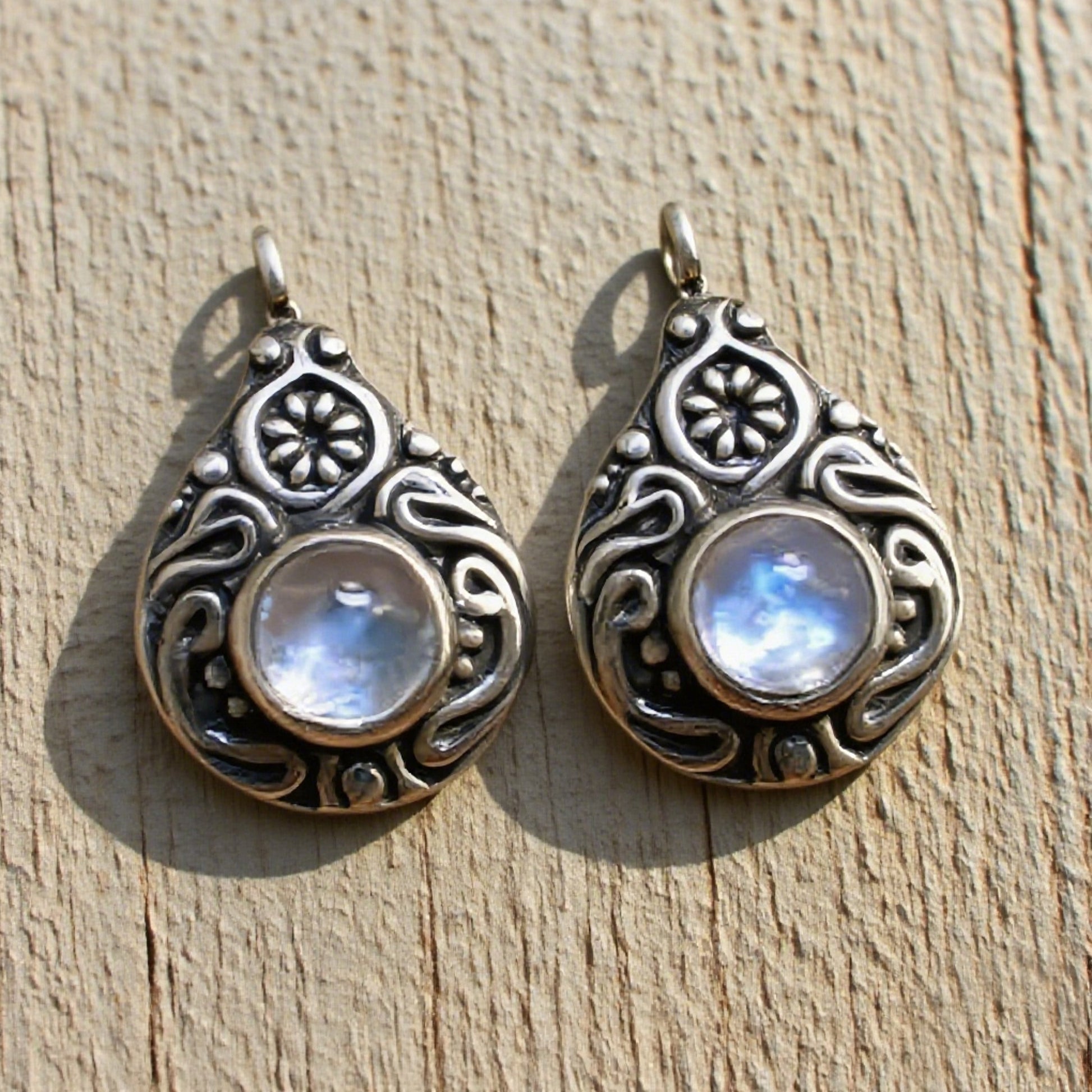Sterling Silver Moonstone Drop Earrings with Intricate Floral Design