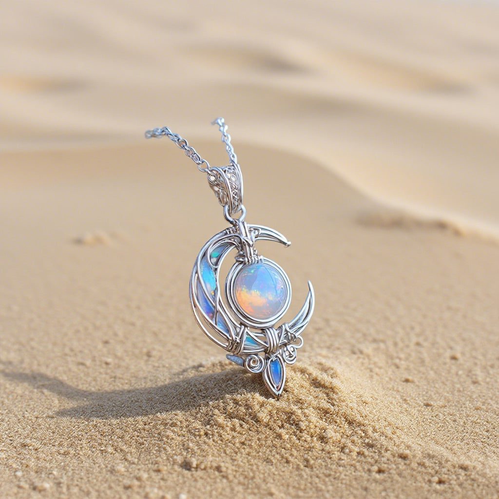 Mystic Moon Pendant Necklace with Opal Stone – Silver Celestial Jewelry for Boho & Fantasy Lovers