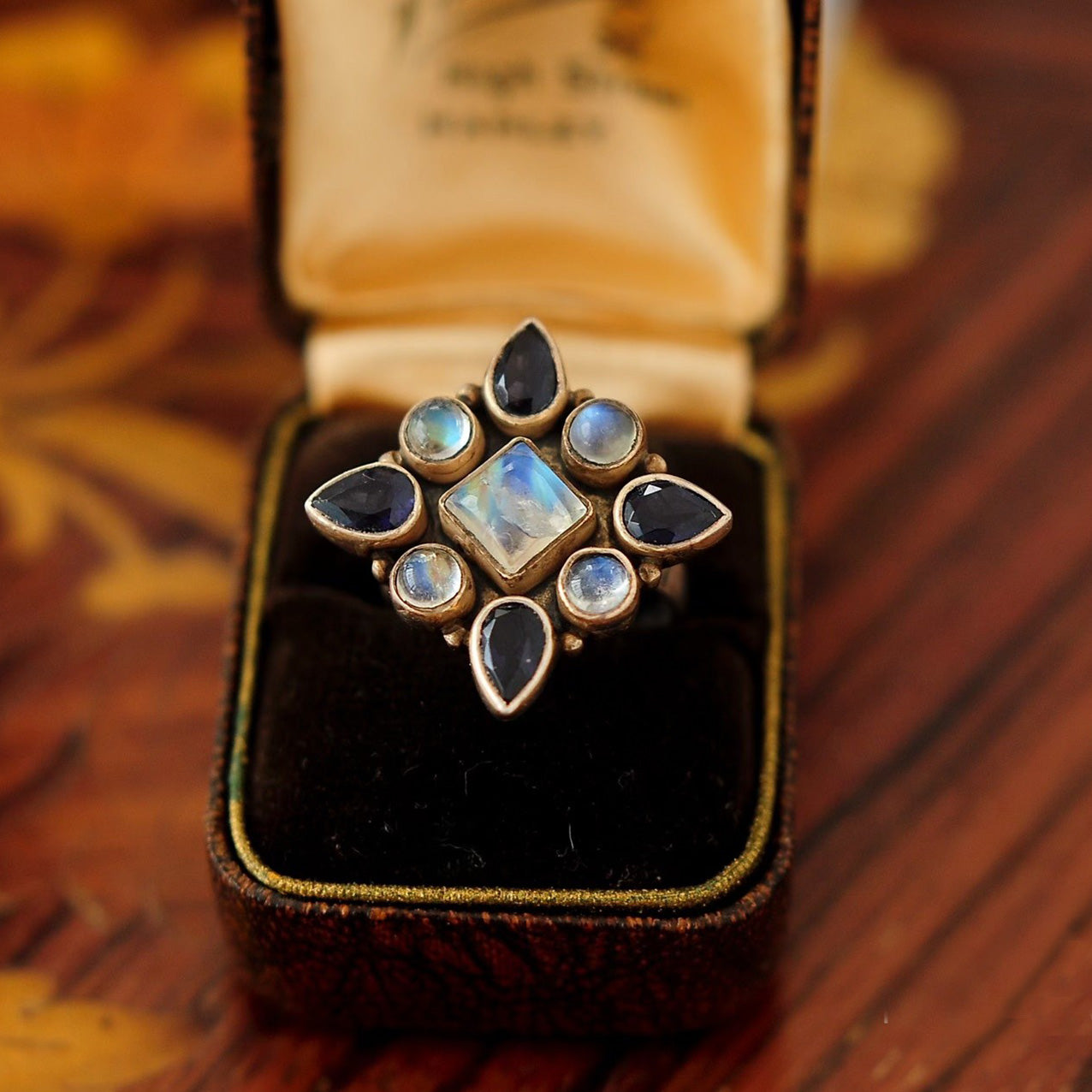 Boho Vintage Statement Ring – Moonstone & Black Onyx Floral Cluster in Antique Bronze Setting