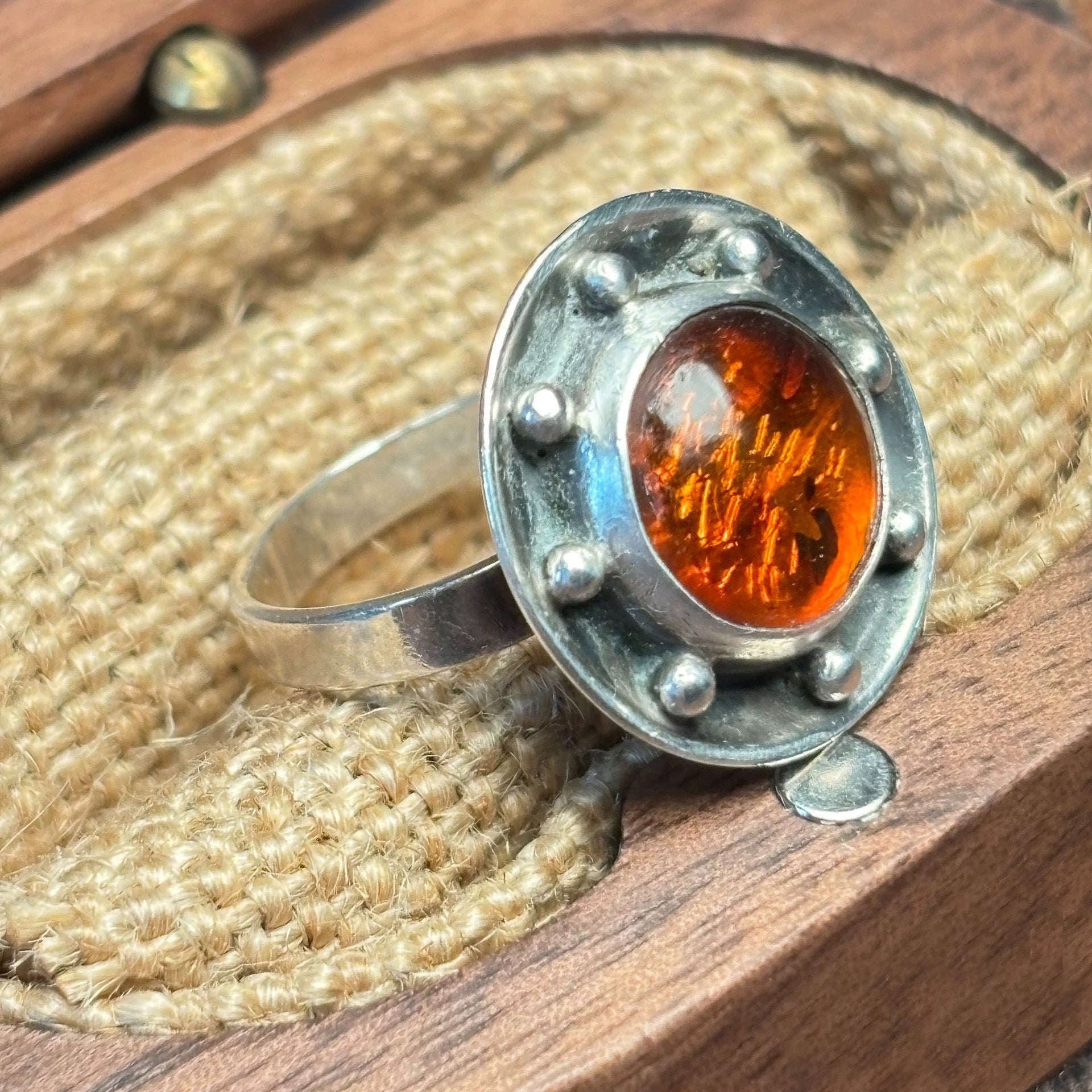 Antique Silver Amber Gemstone Ring - Handmade Jewelry with Intricate Detailing