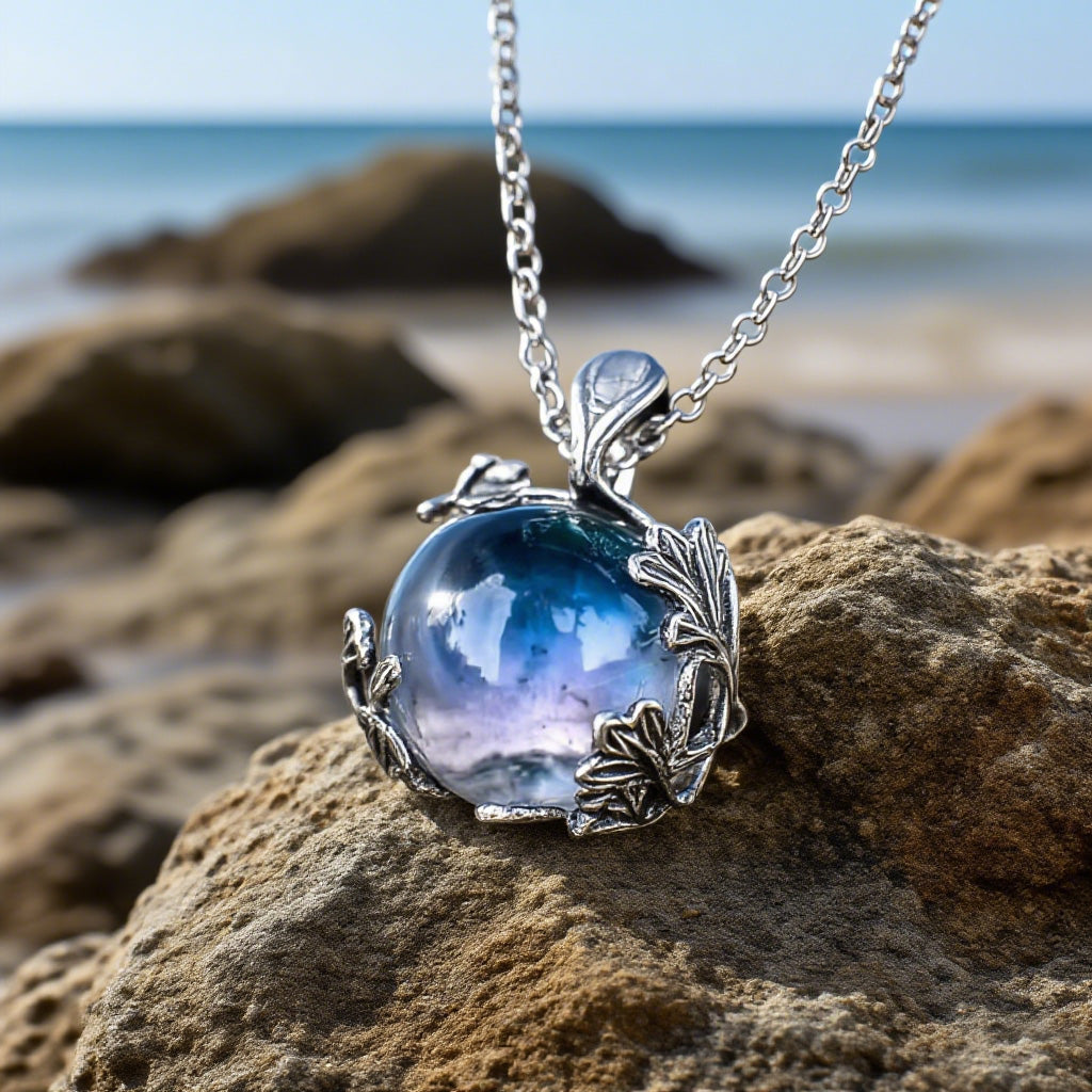 Vintage Leaf Wrapped Galaxy Glass Orb Pendant Necklace for Women – Handmade Silver-Tone Chain Jewelry