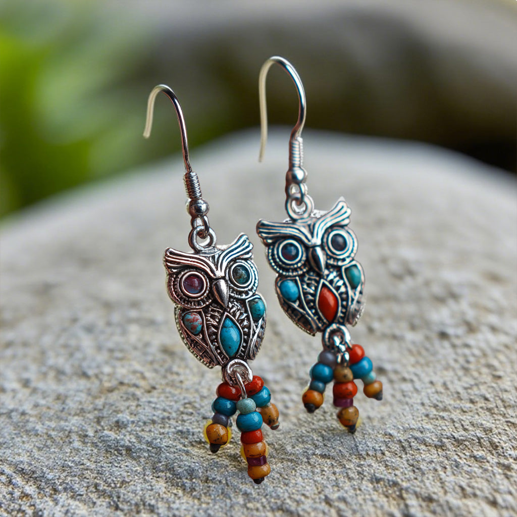 Boho Owl Dangle Earrings with Colorful Beaded Tassels