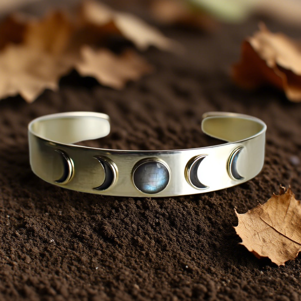 Moon Phase Cuff Bracelet – Gold-Tone Lunar Cycle Bangle with Center Moonstone Cabochon