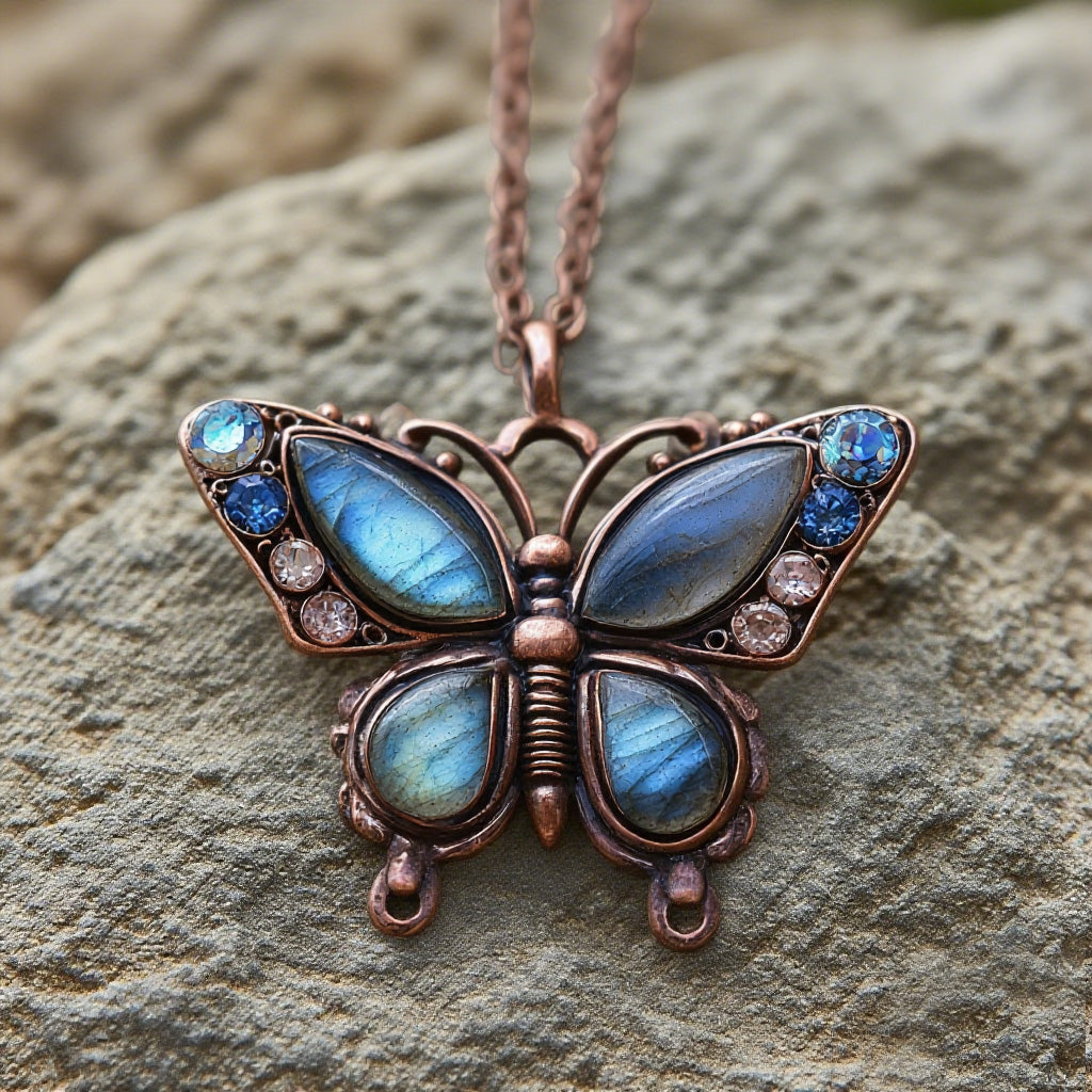 Vintage Blue Labradorite Butterfly Necklace – Handmade Boho Pendant with Crystals and Copper-Tone Finish