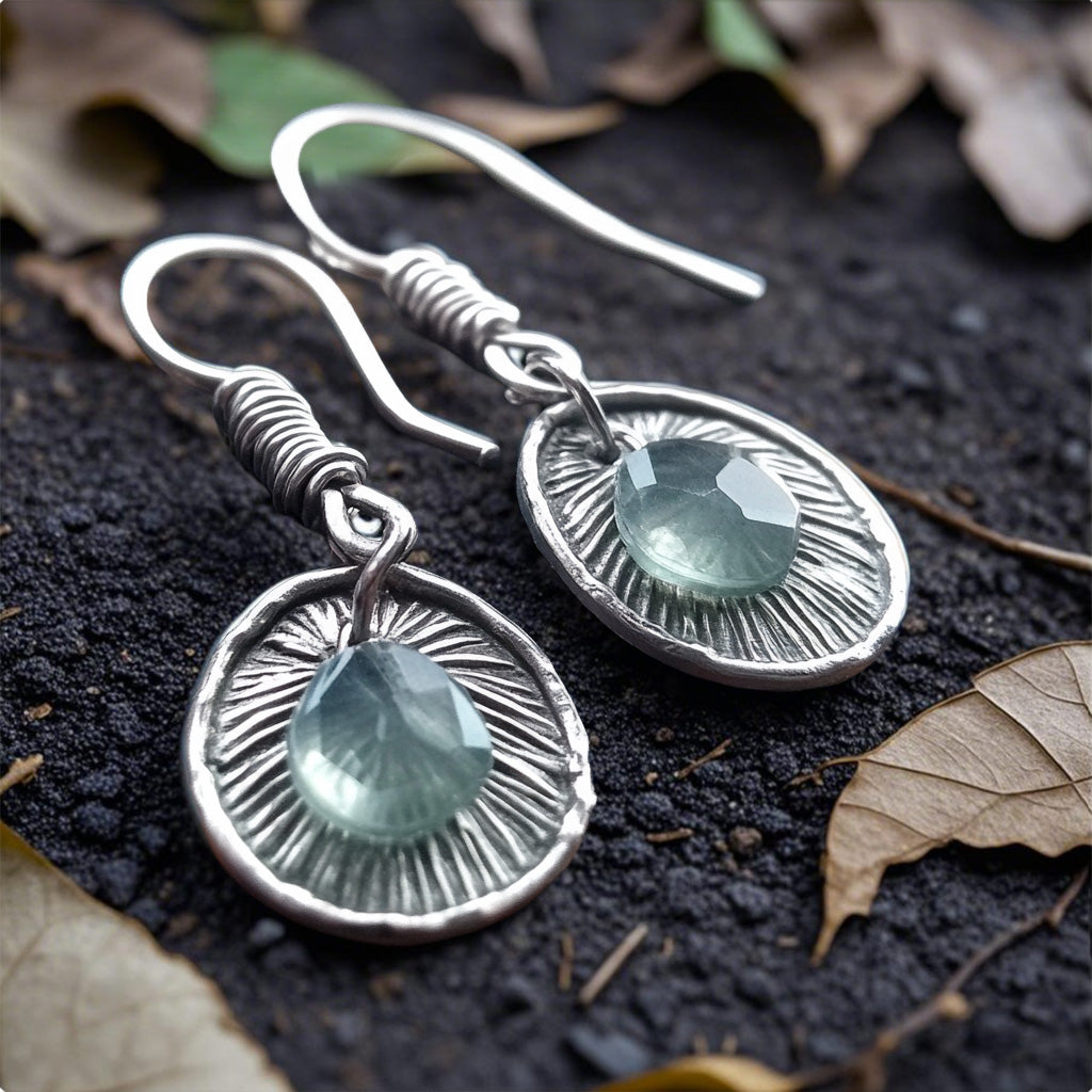 Handcrafted  Silver Drop Earrings – Faceted Aqua Gem with Sunburst Texture